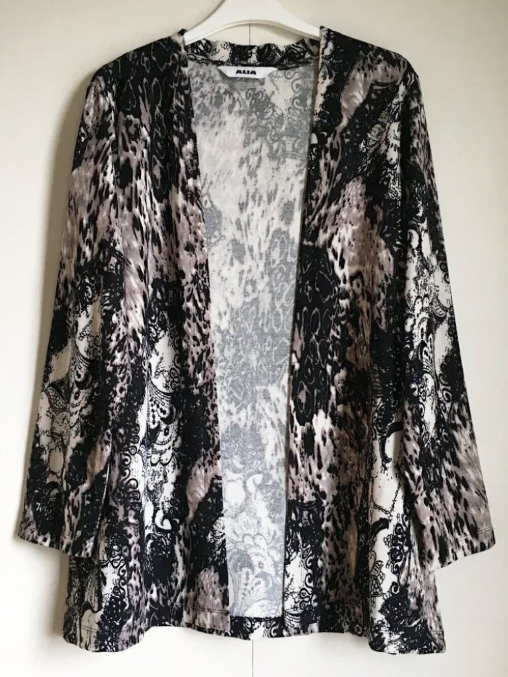 Alia Black White & Grey Damask Lace & Flowers Print Knit Open Cardigan L Artsy